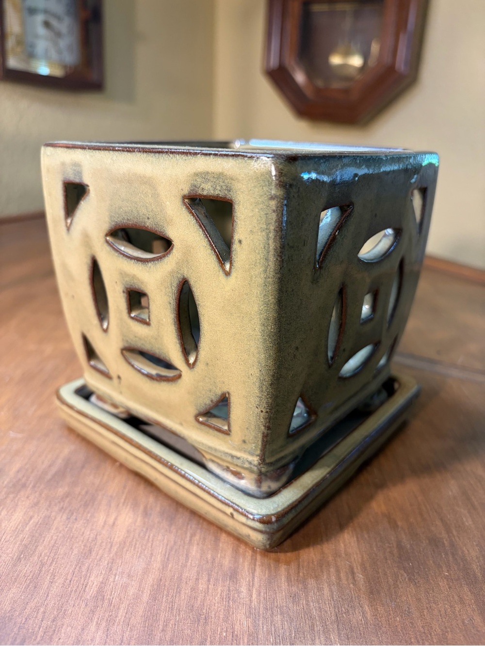 Square Taupe Glazed Ceramic Orchid Pot w/Attached Humidity Drip Tray 5.25"-tall